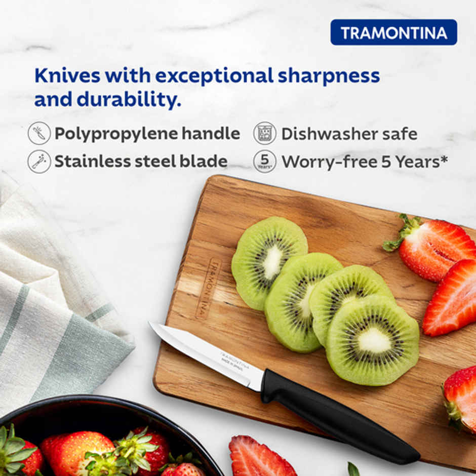 Tramontina Plenus Stainless Steel Vegetable and Fruit Knife/Chaku, 7cm/2.7 inch | Black | Straight/Plain Edge Knife | Polypropylene Handle | Dishwasher Safe | 5 Year Warranty | Made in Brazil