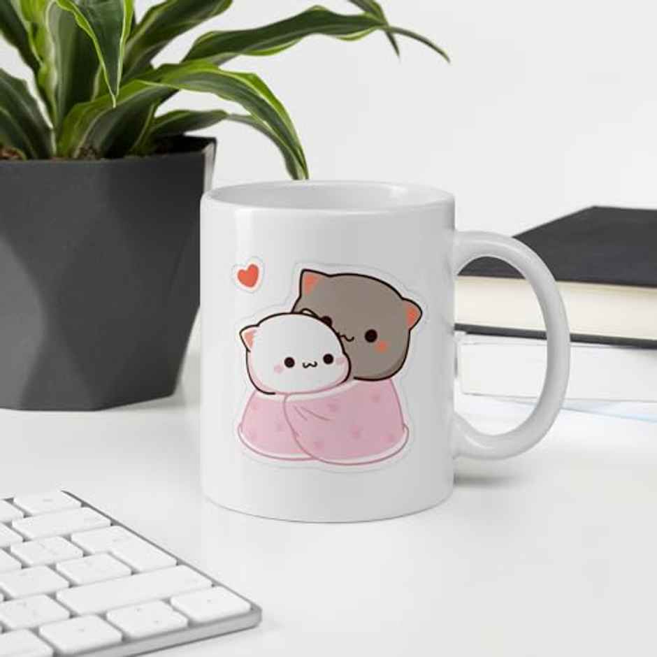 Kooltech Mochi & Peach Cat" Printed Couple Mugs - Kiss Hug Design - Pack Of 2 - 11Oz/325Ml