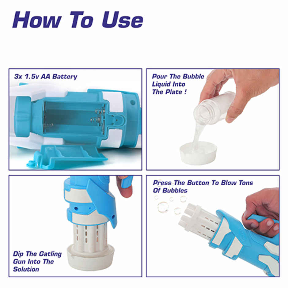 Aditi Toys 8-Hole Gatling Bubble Gun with Solution - Safe for Kids, Indoor/Outdoor 3+ |Light Blue