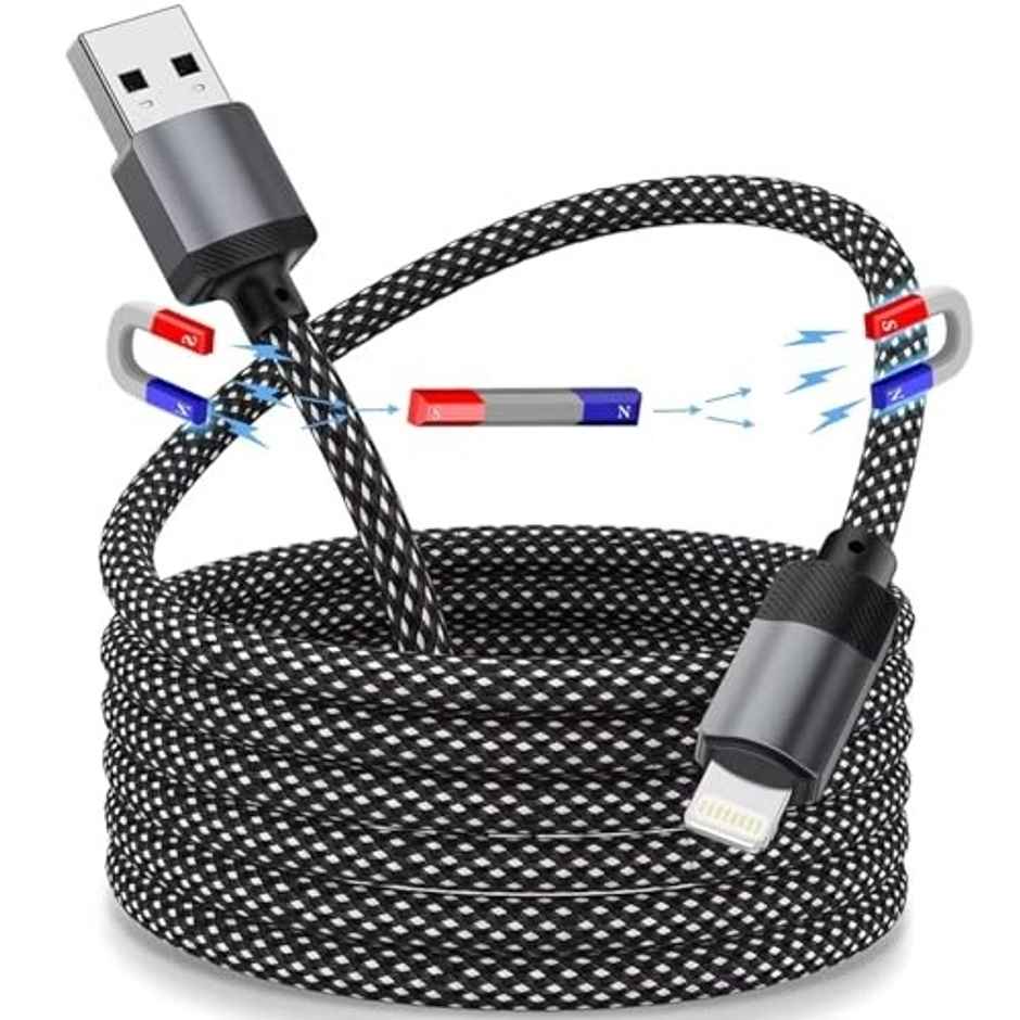 SOUNCE USB to Lightning Magnetic Coiled Cable | 65W / 3.1A PD Fast Charging Cord | 1 m - Black