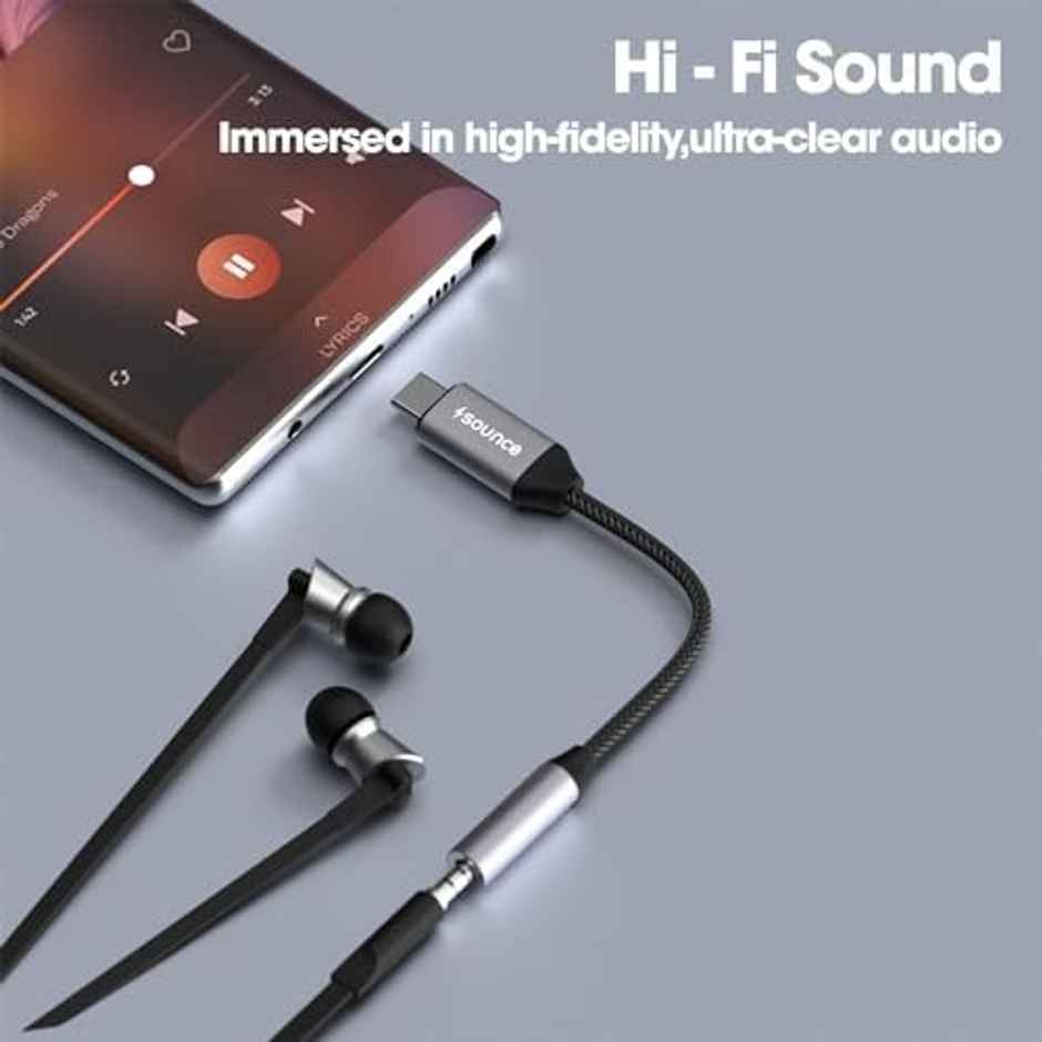 Sounce Type - C To 3.5 mm Female Adapter | Type C Headphone Audio Jack Cable Cord Hi-Fi Dongle - Grey