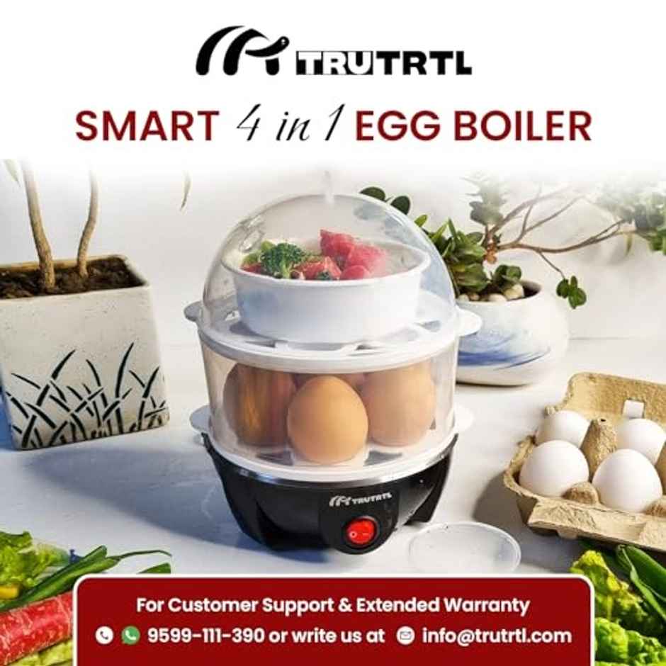 truTRTL Smart 4-in-1 Egg Boiler Machine 350 Watts | Boil upto 14 Eggs, Poach Eggs, Steam Vegetables Make Dhokla, Reheat (828 ml) - Black