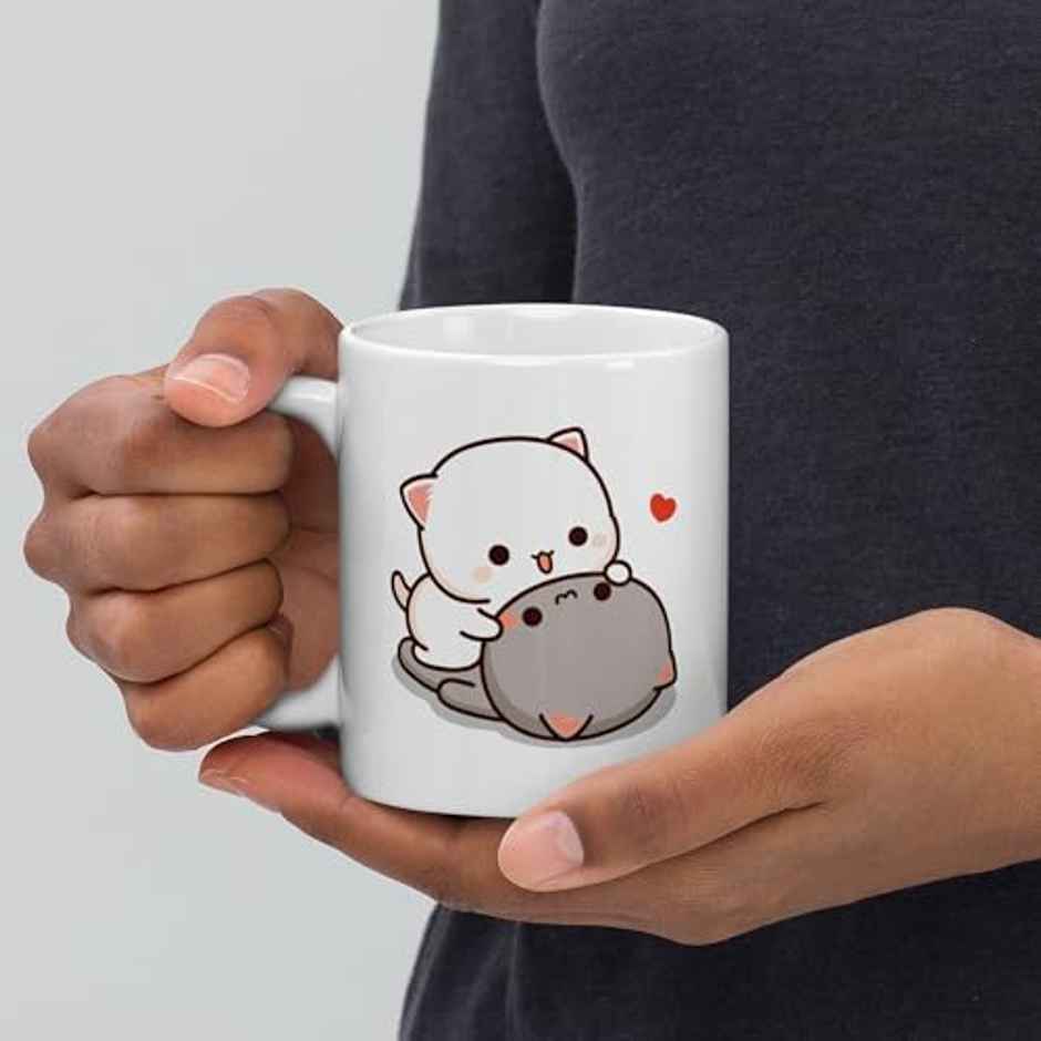 Kooltech Mochi & Peach Cat" Printed Couple Mugs - Kiss Hug Design - Pack Of 2 - 11Oz/325Ml