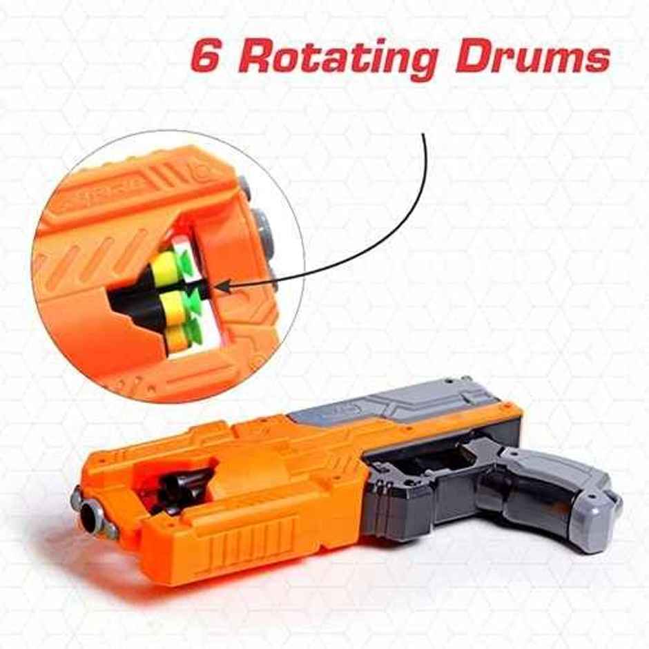 Aditi Toys Six Fire Dart Gun with 6|Dart Drum & 10 Soft Bullet | Arm Toy Gun Above 6+ | Orange