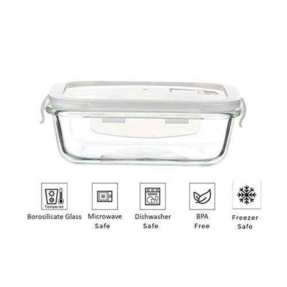 Femora Borosilicate Rectangular Glass Food Storage Container With Air Vent Lid - 400Ml