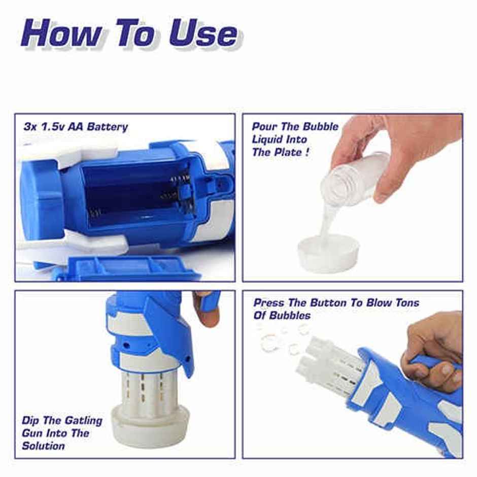 Aditi Toys 8-Hole Gatling Bubble Gun with Solution - Safe for Kids, Indoor/Outdoor 3+ |Dark Blue