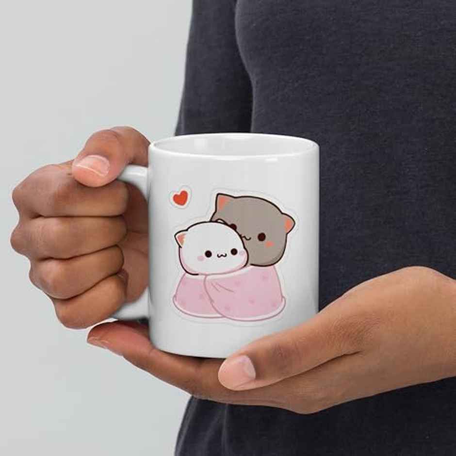 Kooltech Mochi & Peach Cat" Printed Couple Mugs - Kiss Hug Design - Pack Of 2 - 11Oz/325Ml