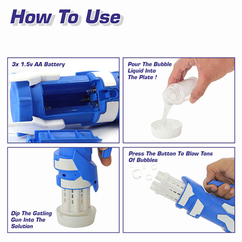 Aditi Toys 8-Hole Gatling Bubble Gun with Solution - Safe for Kids, Indoor/Outdoor 3+ |Dark Blue