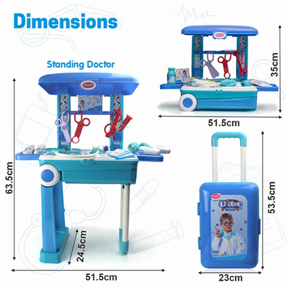 Aditi Toys Pretend Play Doctor Set with Trolley & LED Tools with 13 Piece Doctor Kit - Age 3+ |Blue