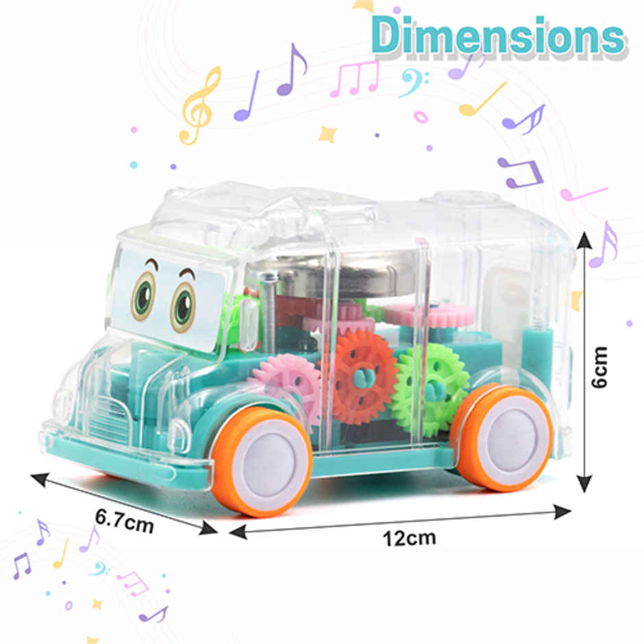 Aditi Toys Transparent Gear Mini School Bus with Tinkling Sound and Light for Kid 3 Years-Light Blue