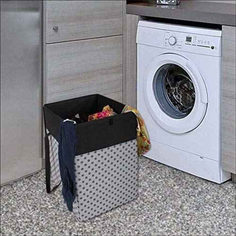 PrettyKrafts 75 L Large Laundry Basket | Foldable Hamper with Lid & Cloth Organizer - Grey Black