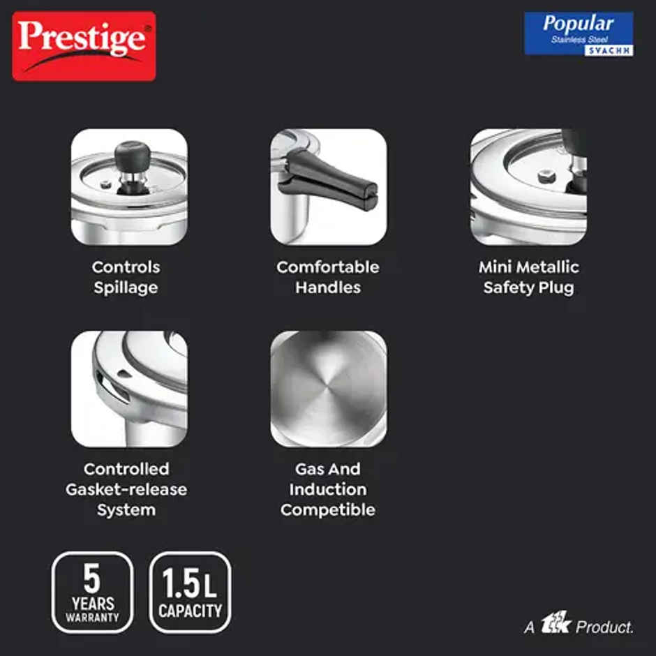 Prestige 1.5 Litre Popular Svachh Spillage Control Stainless Steel Pressure Cooker | Silver