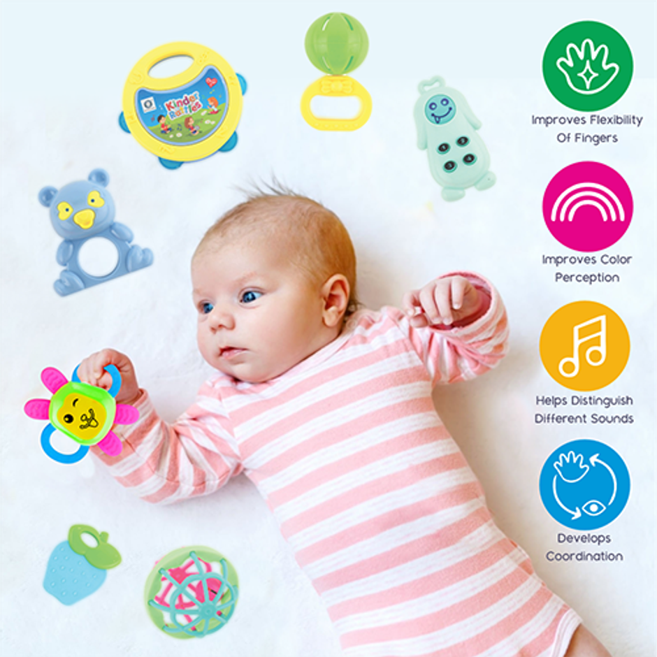 Aditi Toys 8-Piece Baby Rattle Set - Safe, Colourful, 100% BPA Free, Non-Toxic, Infant Grab, Age 0 -6M