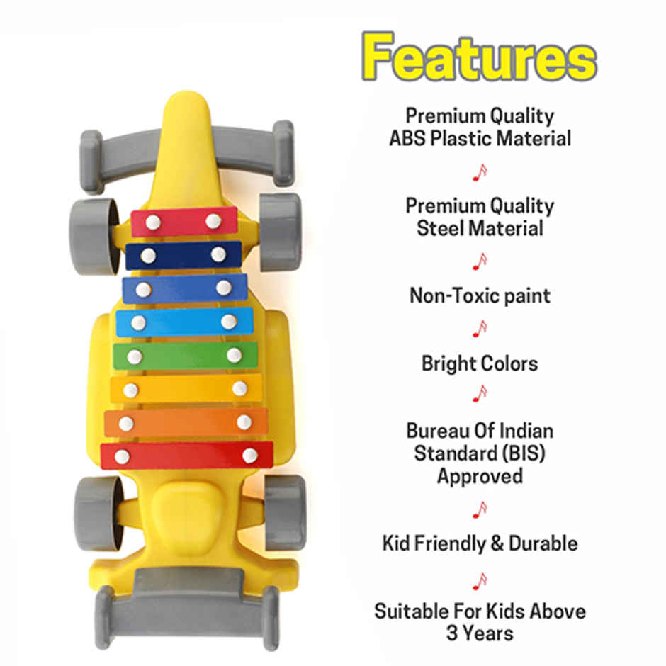 Aditi Toys Plastic Car Xylophone with 8 Metal Nodes, Xylophone Toy Car for Kids | 3 Yrs + | Yellow