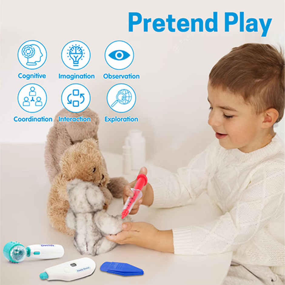 Aditi Toys Pretend Play Doctor Set with Trolley & LED Tools with 13 Piece Doctor Kit - Age 3+ |Blue