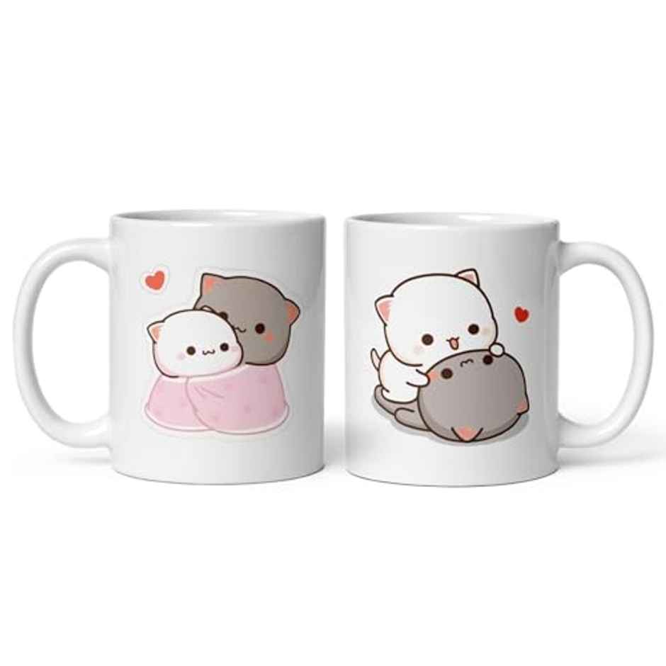 Kooltech Mochi & Peach Cat" Printed Couple Mugs - Kiss Hug Design - Pack Of 2 - 11Oz/325Ml