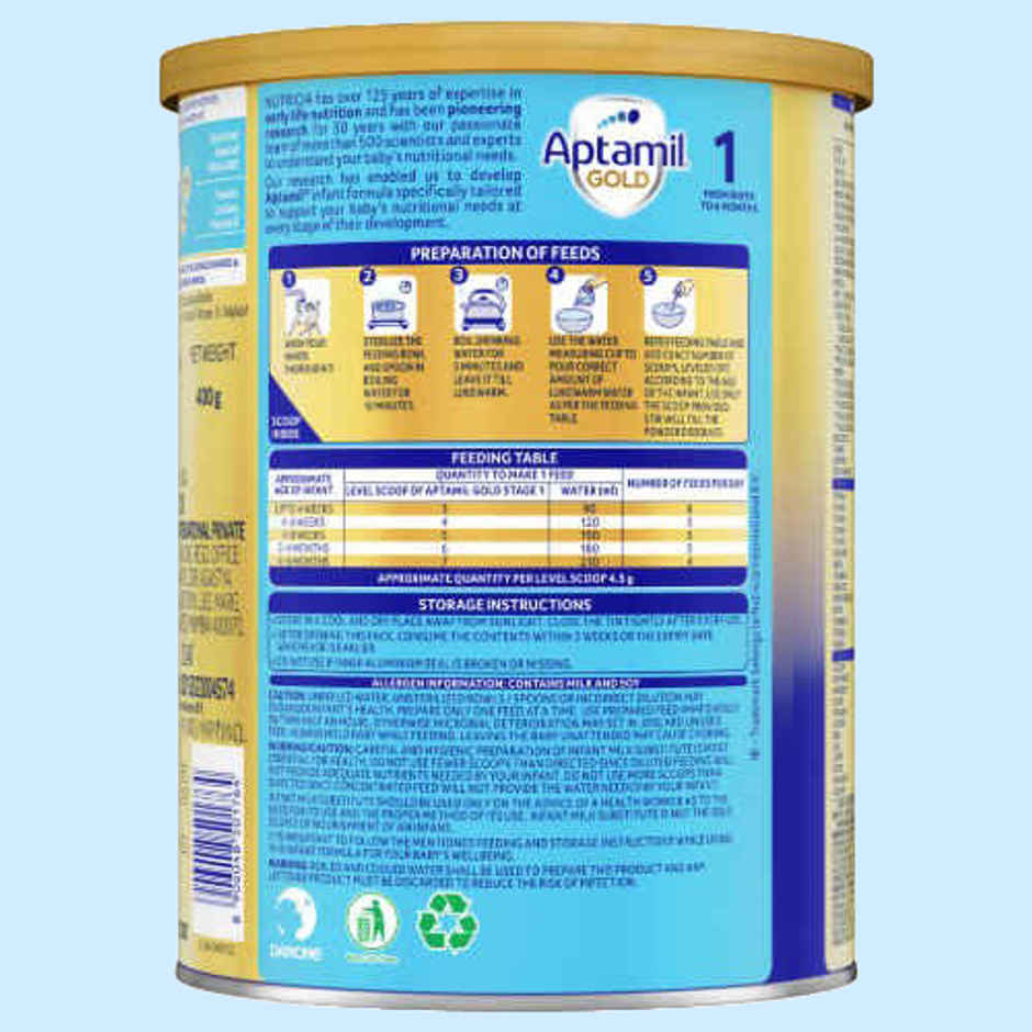 Aptamil Gold Infant Formula for Babies - Stage 1 | Upto 6 months | with 5HMO and Prebiotics