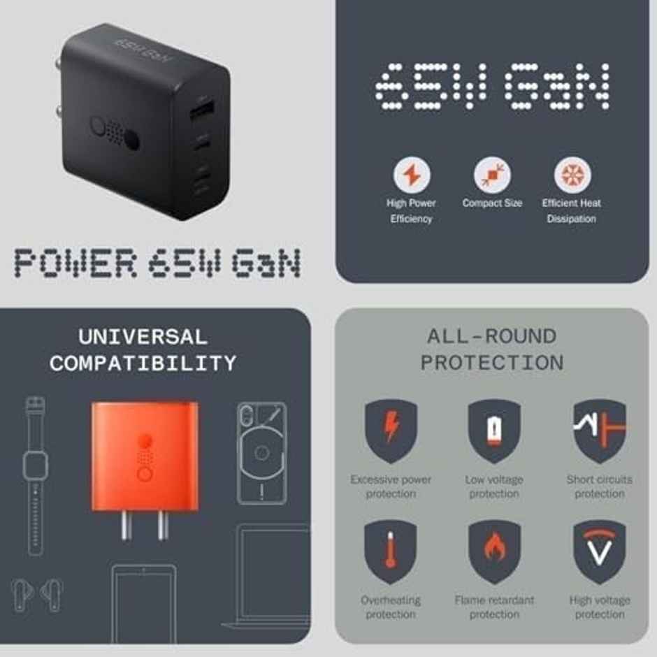 Sounce Nothing 65W Fast Charger Adapter | GaN Technology | Triple Output 3A Multiport Mobile Charger