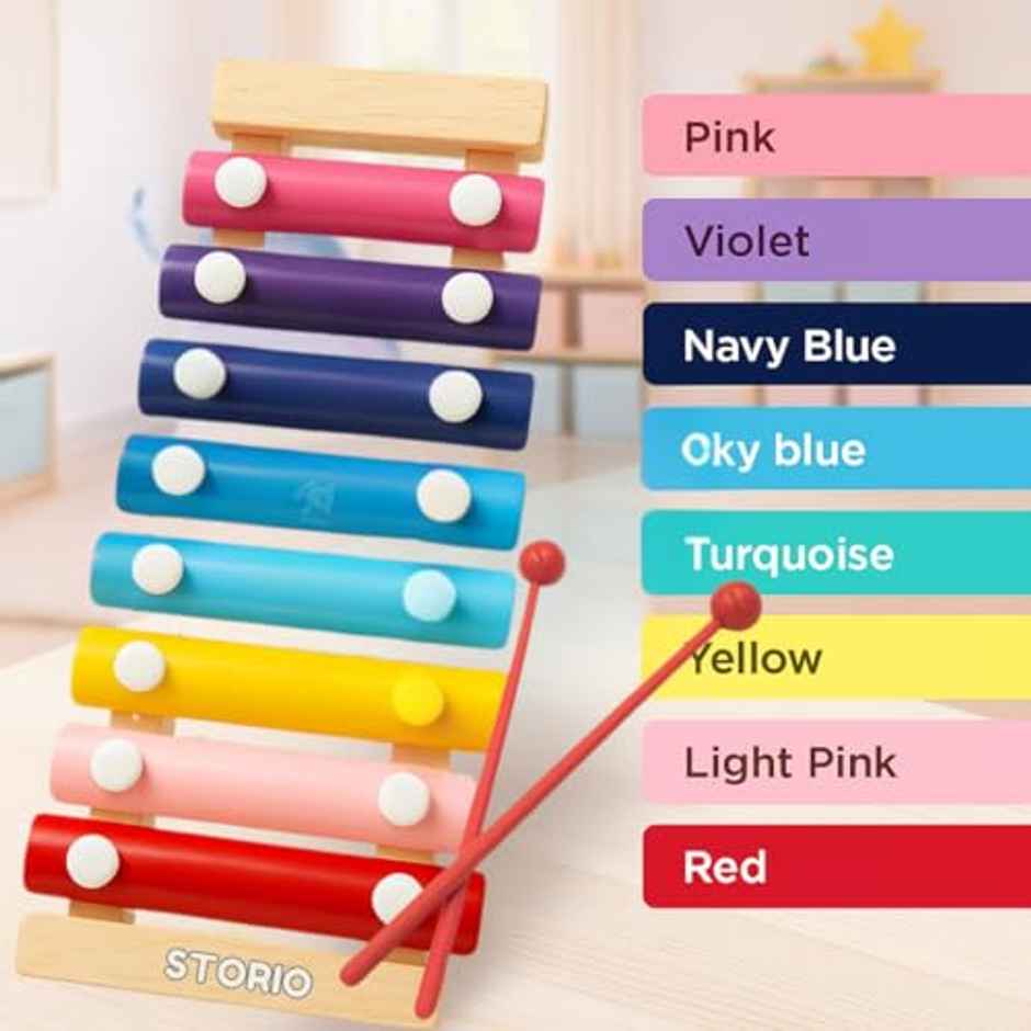 Storio Wooden Xylophone Toy For Kids 3+ Years | 8-Note Musical Instrument | 2 Mallets | Multicolour