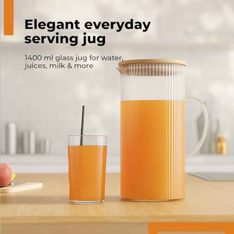 Lifelong Glass Jug | 1.4 L | Bamboo Lid | For Water, Milk, Juice & Lassi
