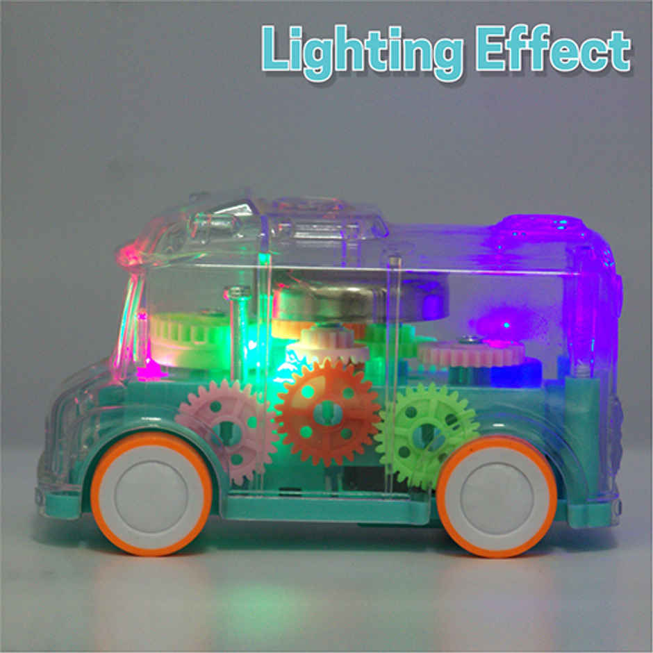 Aditi Toys Transparent Gear Mini School Bus with Tinkling Sound and Light for Kid 3 Years-Light Blue