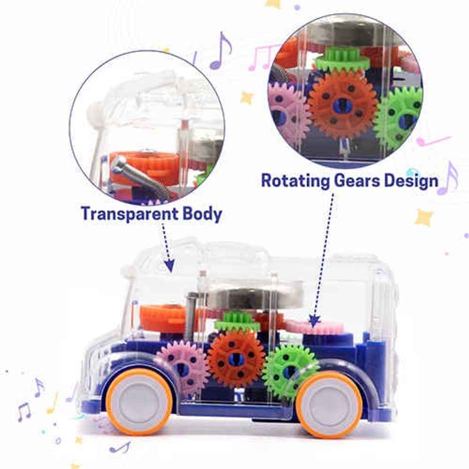 Aditi Toys Transparent Gear Mini School Bus with Tinkling Sound and Light for Kids 3 Years-Dark Blue