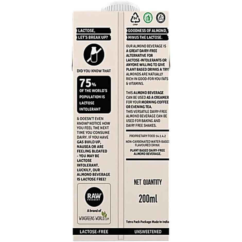 RAW Pressery Almond Beverage Plain (Unsweetened) | Lactose Free | Vegan Drink