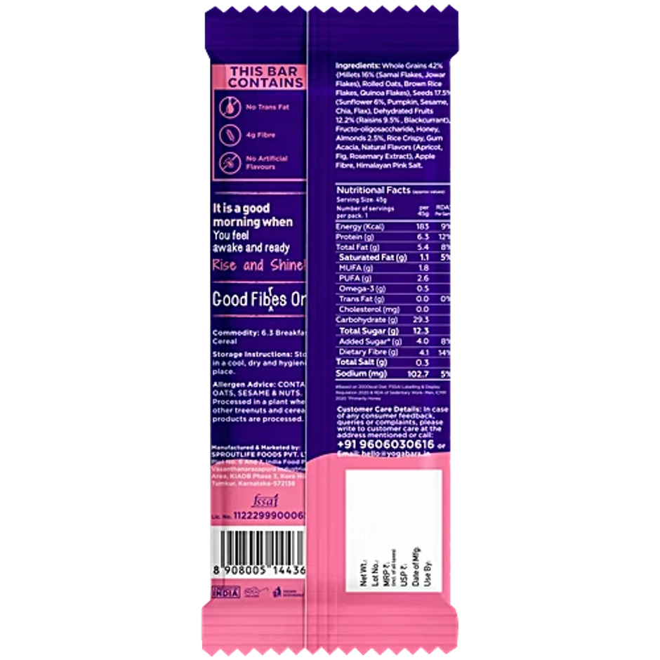 Yoga Bar Breakfast Protein Bar Apricot Fig, 6g Protein, Fiber Rich , Omega - 3, Millets, Almonds