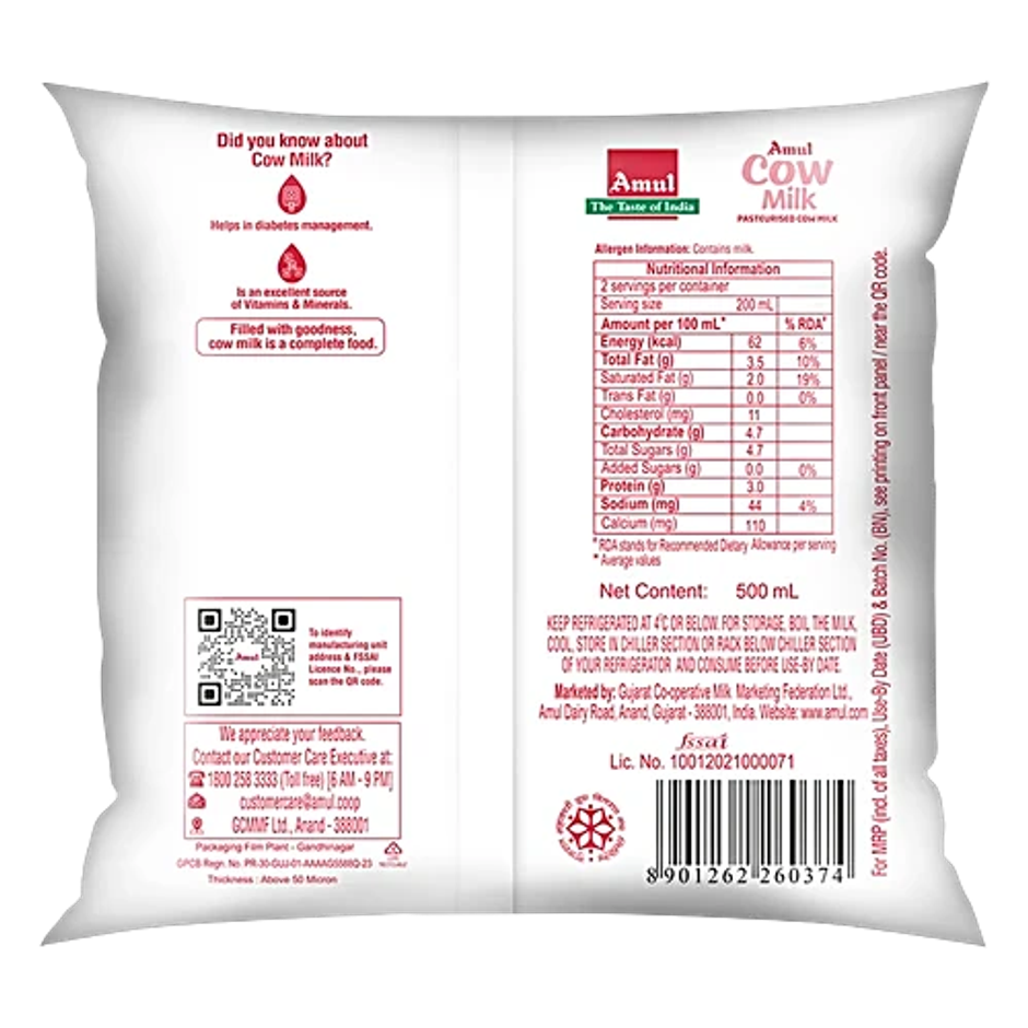 Amul Fresh Cow Milk (Pouch) Combo