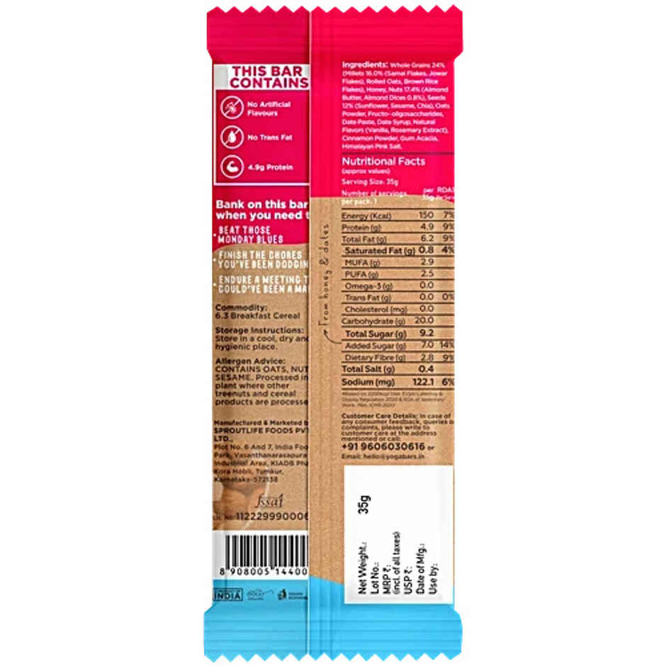 Yogabar Multigrain Energy Bars Vanilla Almond, Nuts, Oats and Millets, Gluten Free, Protein Bar