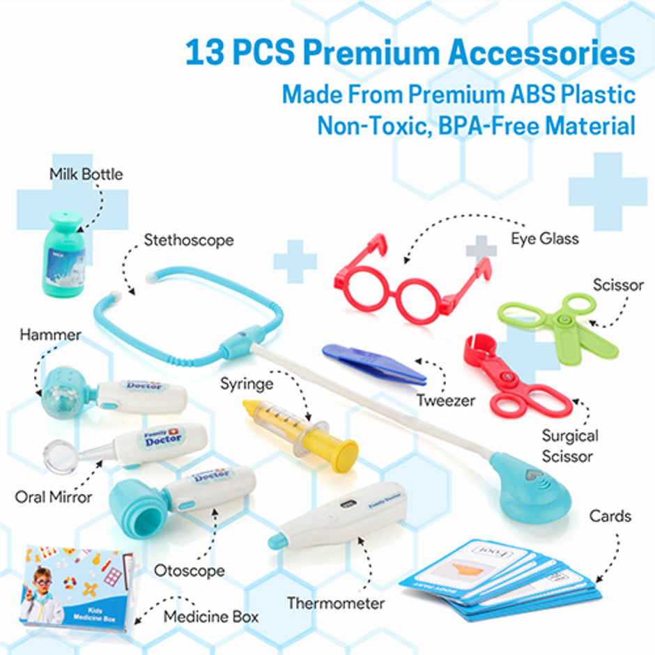 Aditi Toys Pretend Play Doctor Set with Trolley & LED Tools with 13 Piece Doctor Kit - Age 3+ |Blue