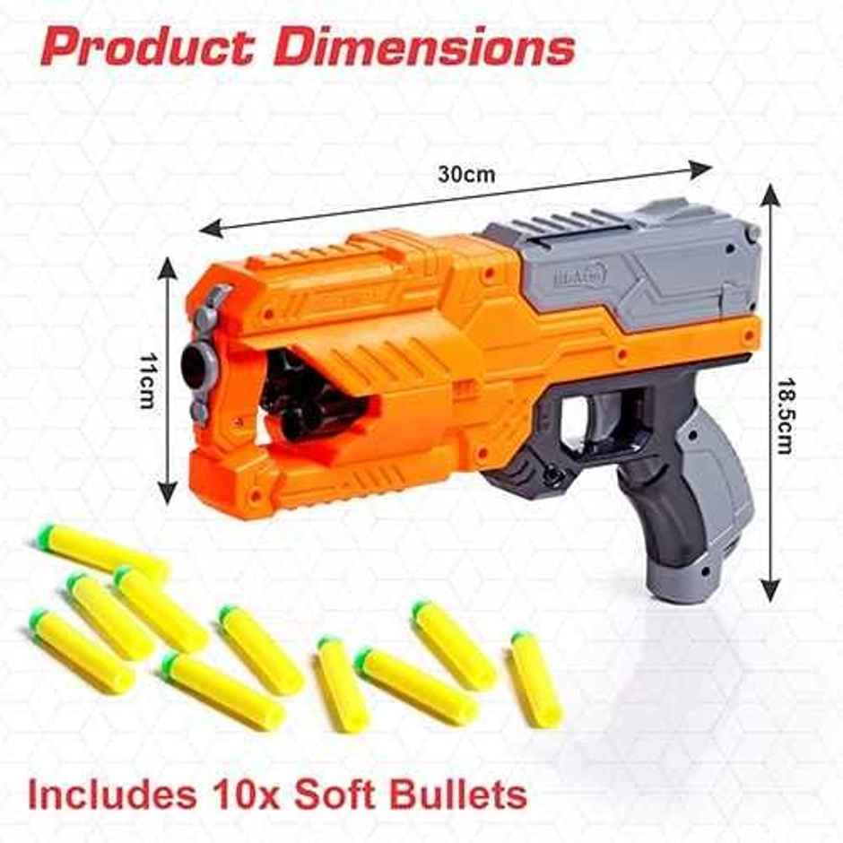 Aditi Toys Six Fire Dart Gun with 6|Dart Drum & 10 Soft Bullet | Arm Toy Gun Above 6+ | Orange