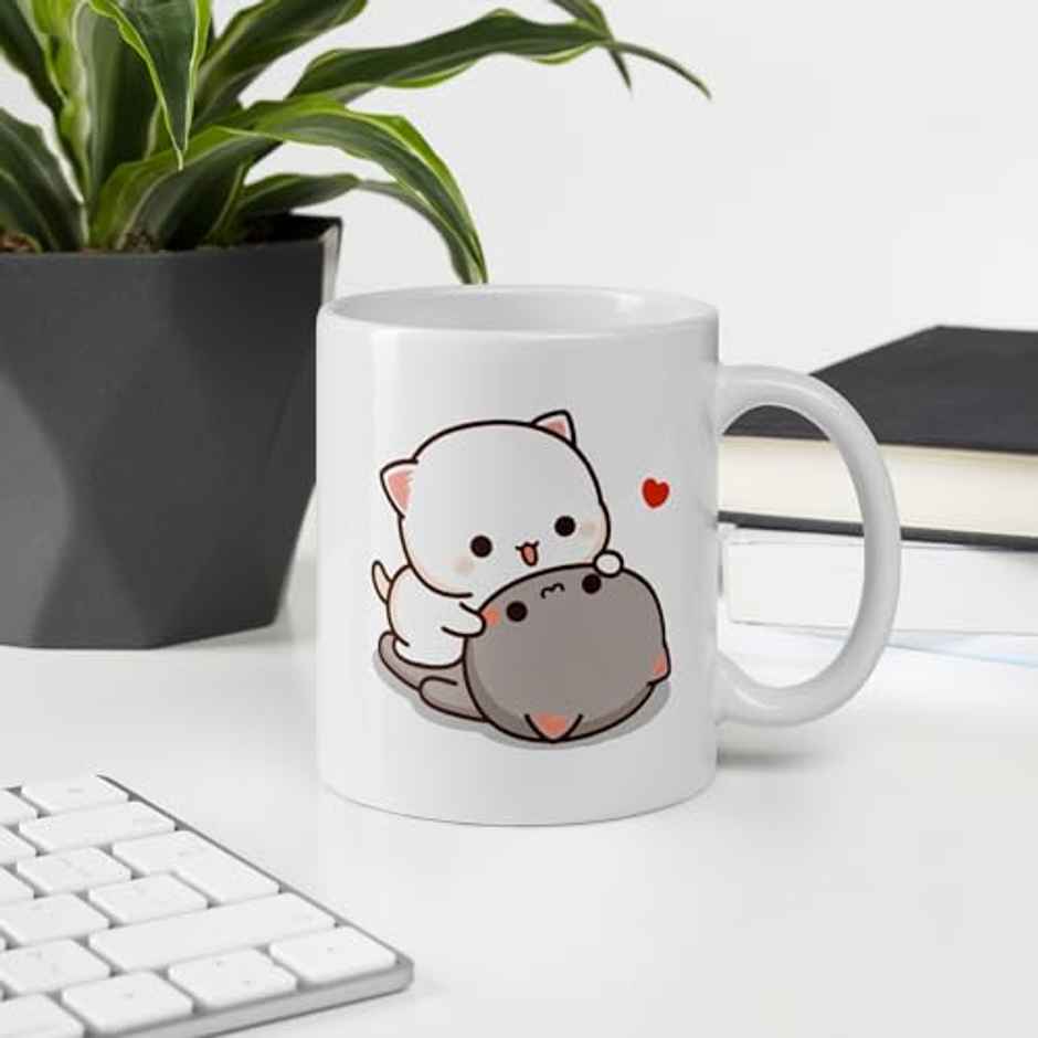 Kooltech Mochi & Peach Cat" Printed Couple Mugs - Kiss Hug Design - Pack Of 2 - 11Oz/325Ml