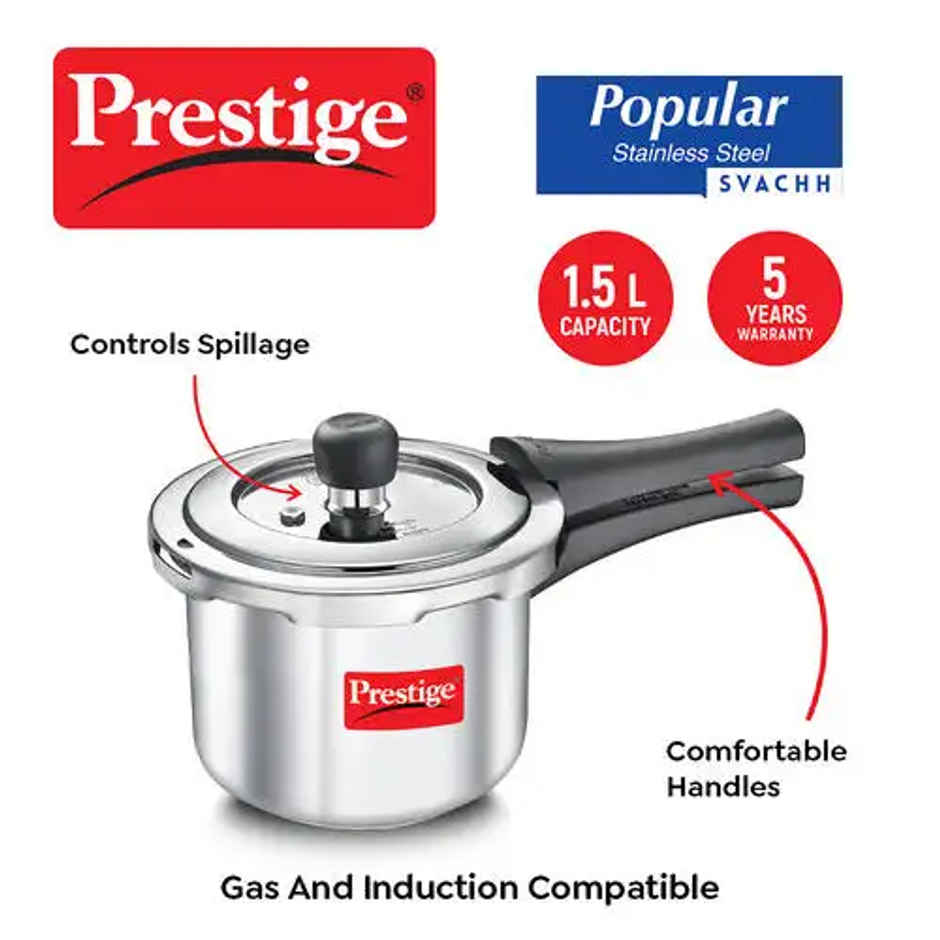Prestige 1.5 Litre Popular Svachh Spillage Control Stainless Steel Pressure Cooker | Silver