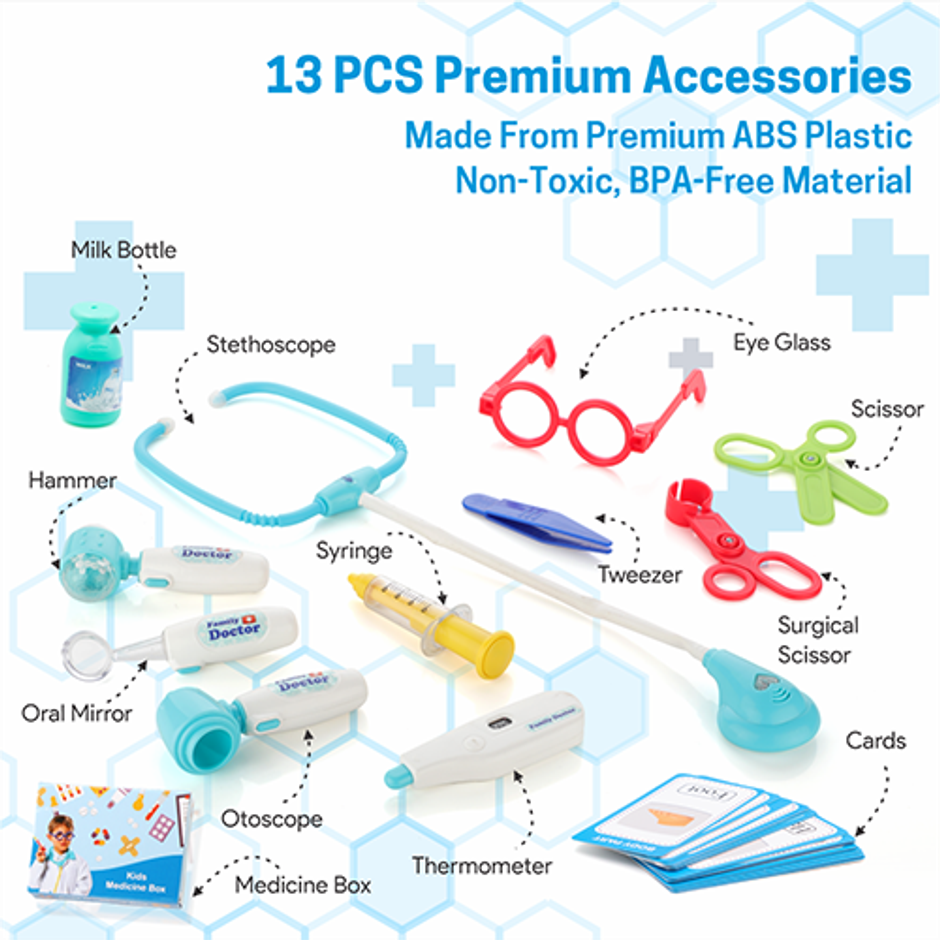 Aditi Toys Pretend Play Doctor Set with Trolley & LED Tools with 13 Piece Doctor Kit - Age 3+ |Blue