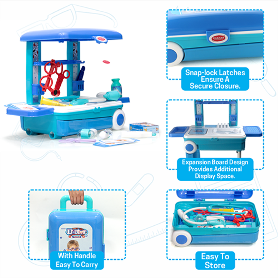 Aditi Toys Pretend Play Doctor Set with Trolley & LED Tools with 13 Piece Doctor Kit - Age 3+ |Blue