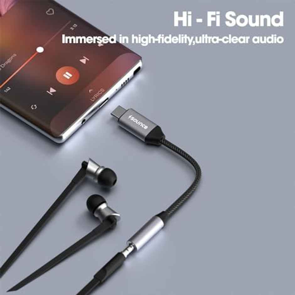 Sounce Type - C To 3.5 mm Female Adapter | Type C Headphone Audio Jack Cable Cord Hi-Fi Dongle - Grey