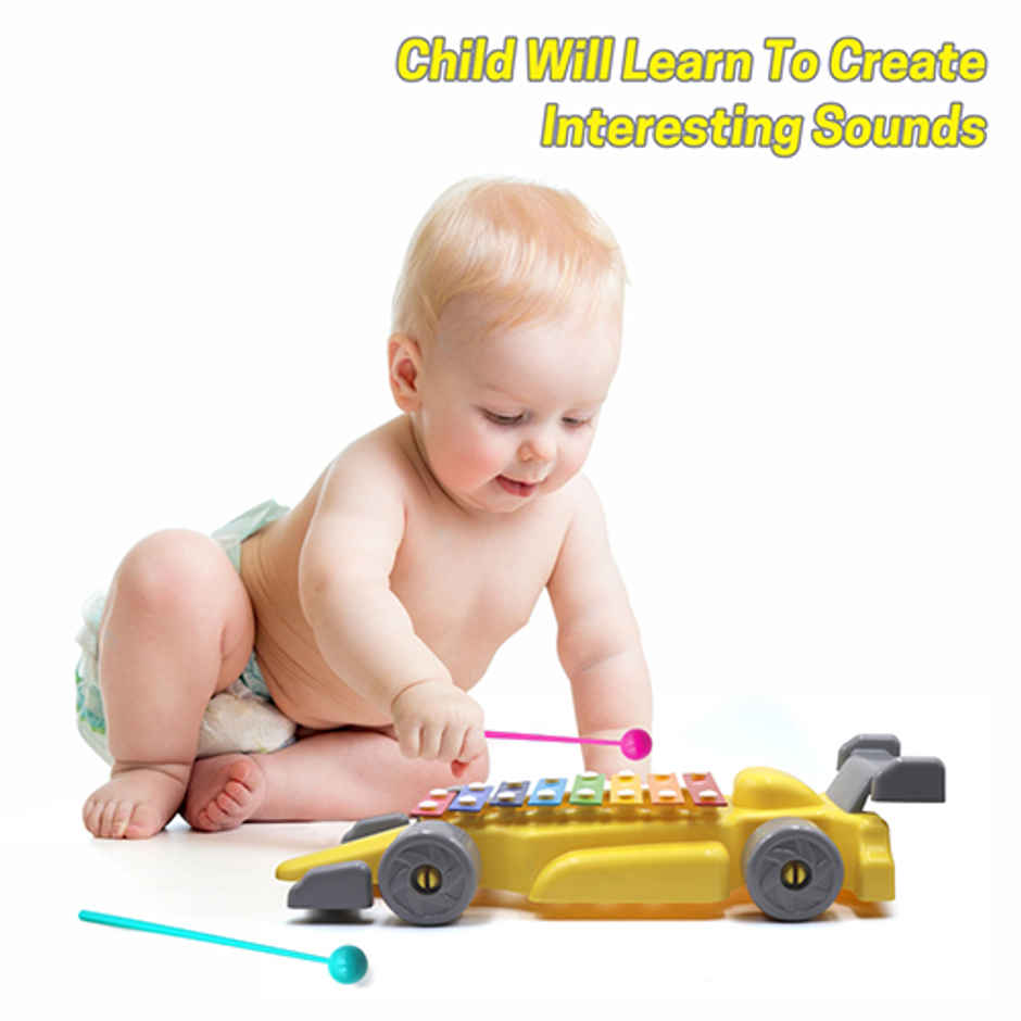 Aditi Toys Plastic Car Xylophone with 8 Metal Nodes, Xylophone Toy Car for Kids | 3 Yrs + | Yellow