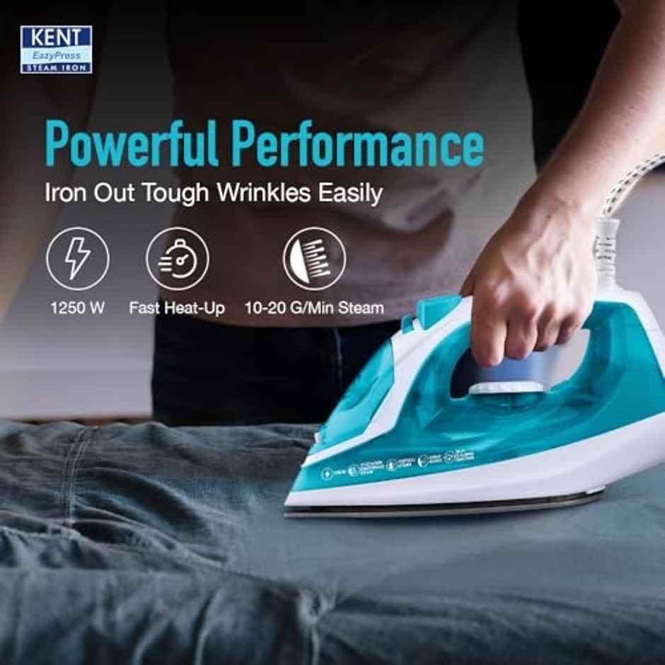 Kent Glide Steam Iron | 1250W | Powerful Steam Burst Upto 20G/Min| Turquoise Blue