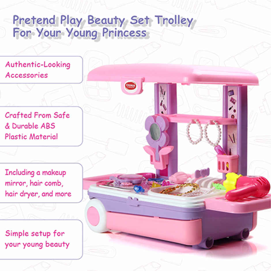 Aditi Toys Beauty Set Trolley - Portable 25-Piece Makeup Kit on Wheels for Girls 3+, BIS Approved