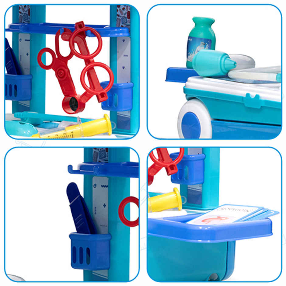 Aditi Toys Pretend Play Doctor Set with Trolley & LED Tools with 13 Piece Doctor Kit - Age 3+ |Blue
