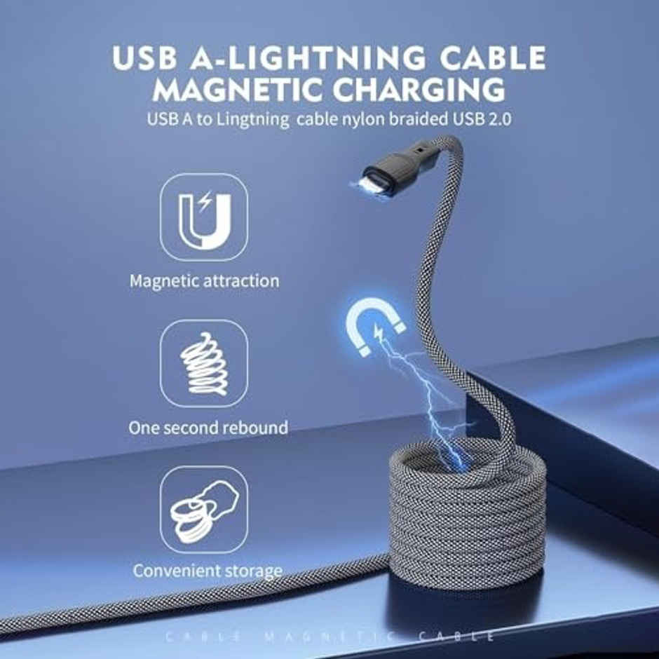 SOUNCE USB to Lightning Magnetic Coiled Cable | 65W / 3.1A PD Fast Charging Cord | 1 m - Black