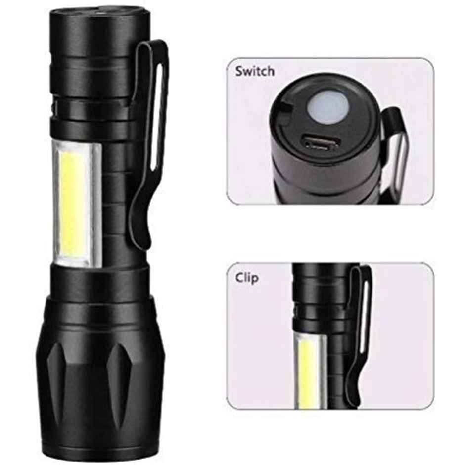 Desidiya LED Flashlight with COB Light Mini Torch Waterproof Portable LED Flashlight USB Rechargeable 3 Modes Light Flashlight - Black