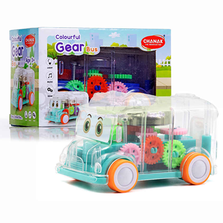 Aditi Toys Transparent Gear Mini School Bus with Tinkling Sound and Light for Kid 3 Years-Light Blue