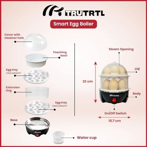 truTRTL Smart 4-in-1 Egg Boiler Machine 350 Watts | Boil upto 14 Eggs, Poach Eggs, Steam Vegetables Make Dhokla, Reheat (828 ml) - Black