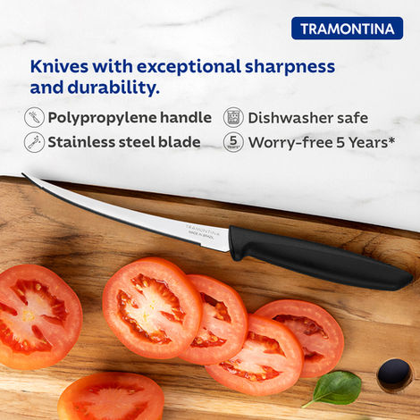 Tramontina Plenus Stainless Steel Tomato Knife/, 12cm/4.7 inch | Black | Micro-Serrated Edge/Wavy/Serrated Edge Knife | Polypropylene Handle | Dishwasher Safe | 5 Year Warranty | Made in Brazil
