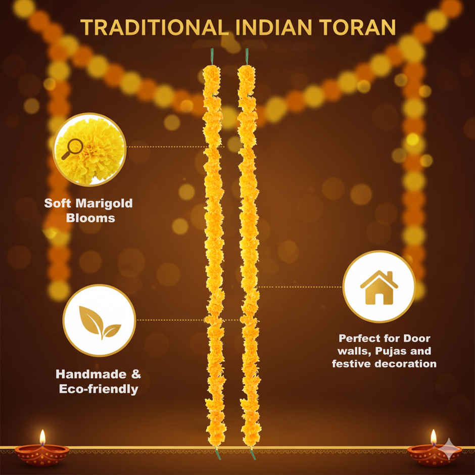 Flower String Bandhanwar | Festival Decoration | Marigold Design | Orange | 2 pcs | Mangal Bhawan