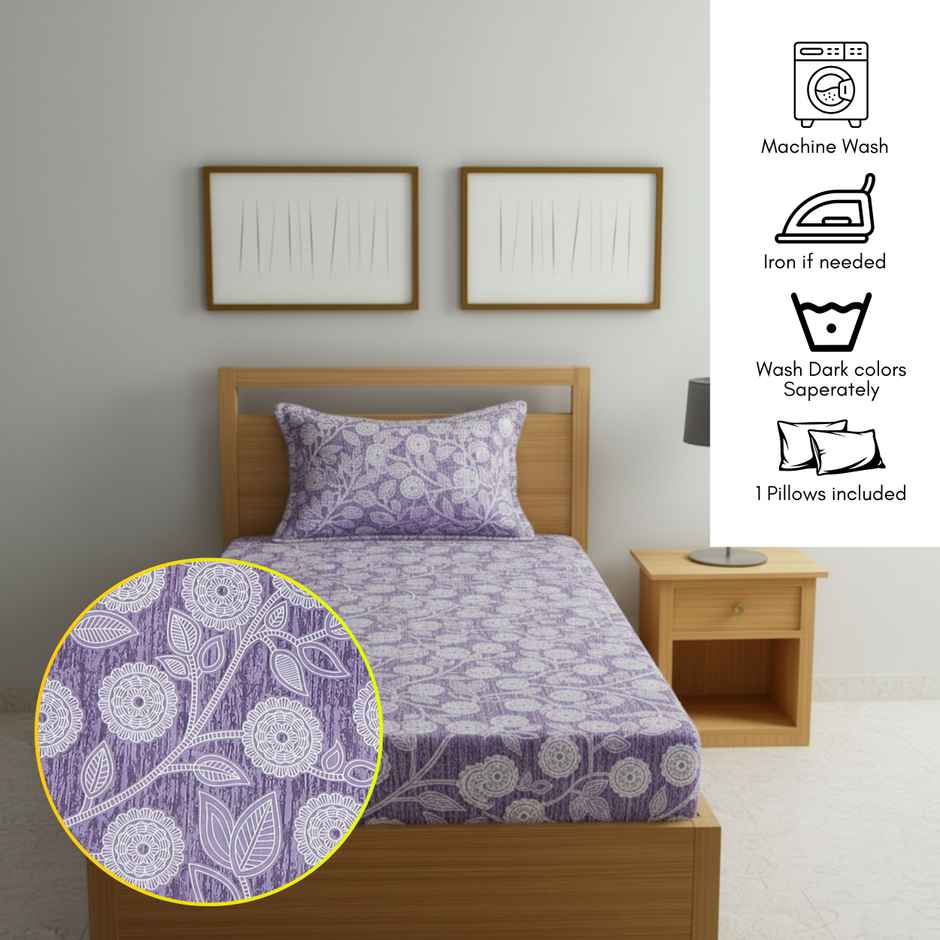 Status Value Single Dandelions Cotton Floral Bedsheet | 59 x 79 in | Purple