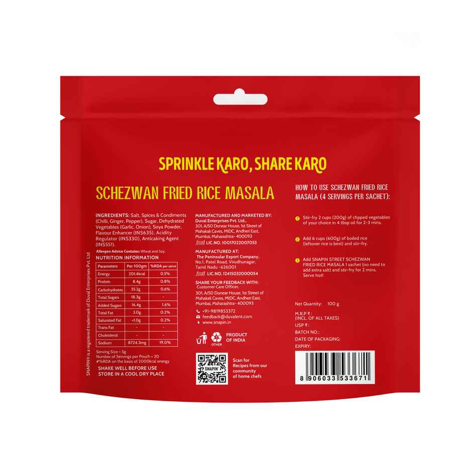 Snapin Street Schezwan Fried Rice Masala Sachet Pouch