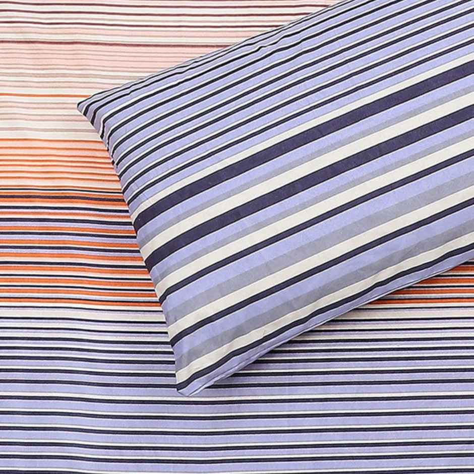 Status Value Double Multi Stripe Cotton Bedsheet | 79 x 87 in | Blue and Orange